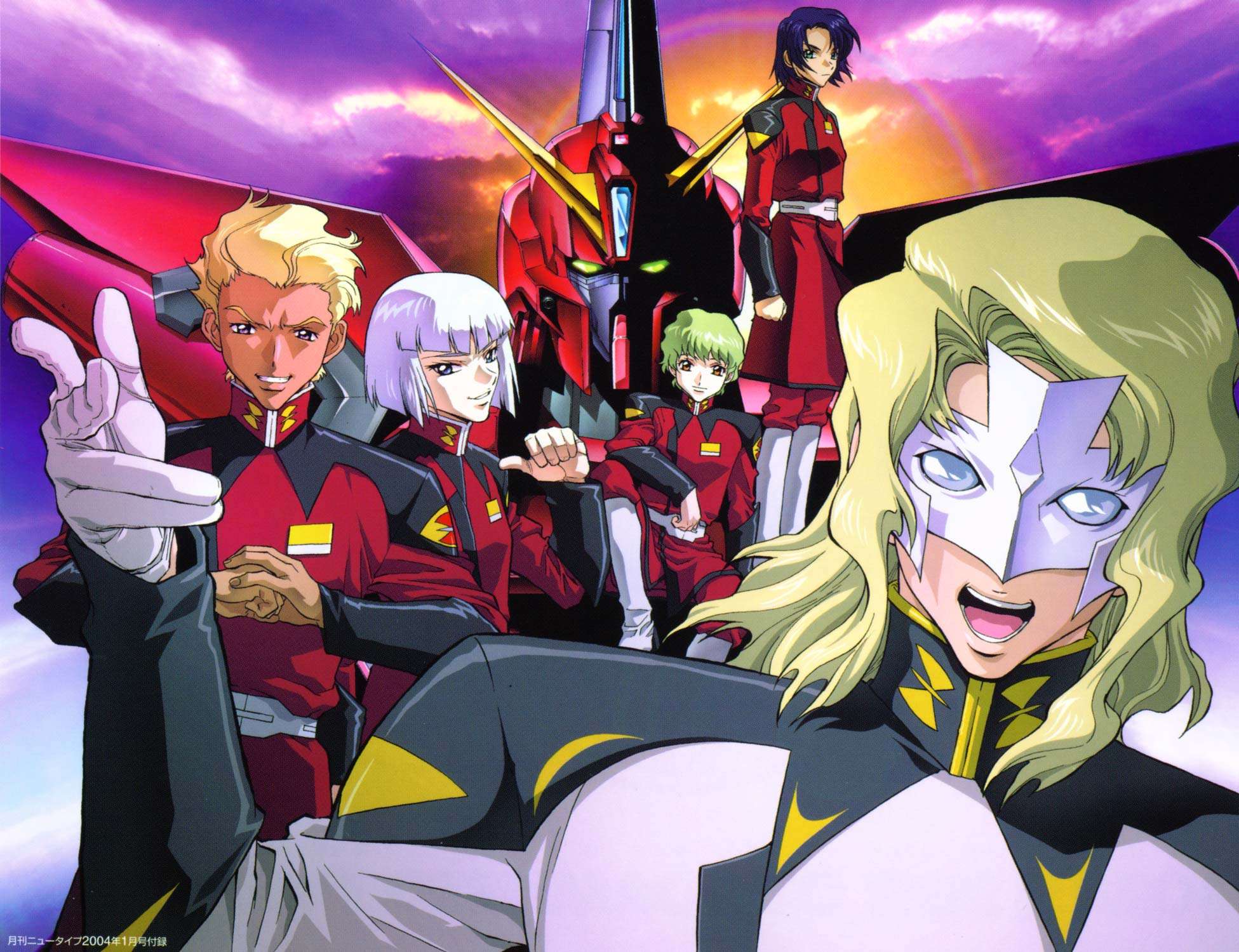 aegis gundam, athrun zala, dearka elsman, nicol amafli, rau le creuset, yzak joule, gundam, gundam seed, silver hair, highres, official art, scan, 00s, 4boys, blonde hair, blue eyes, blue hair, green eyes, green hair, male focus, mask, mecha, military, military uniform, multiple boys, purple eyes, robot, short hair
