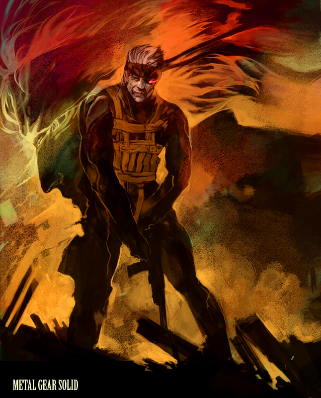 lack, old snake, solid snake, metal gear (series), metal gear solid 4: guns of the patriots, 1boy, bandana, facial hair, gun, male focus, mustache, solo, weapon