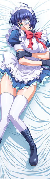 ryomou shimei, ikkitousen, 00s, 1girl, apron, bed sheet, blue hair, blush, bow, breasts, dakimakura (medium), eyepatch, female focus, frills, gloves, green eyes, large breasts, lying, maid, maid apron, short hair, skirt, solo, thighhighs