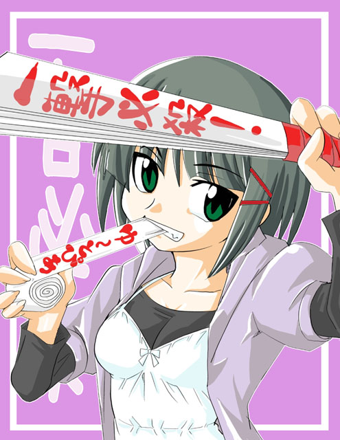 ikebata homura, aizawa sakuya, hayate no gotoku!, silver hair, 00s, coat, dress, green eyes, hair ornament, hairclip, hand fan, harisen, short hair, solo