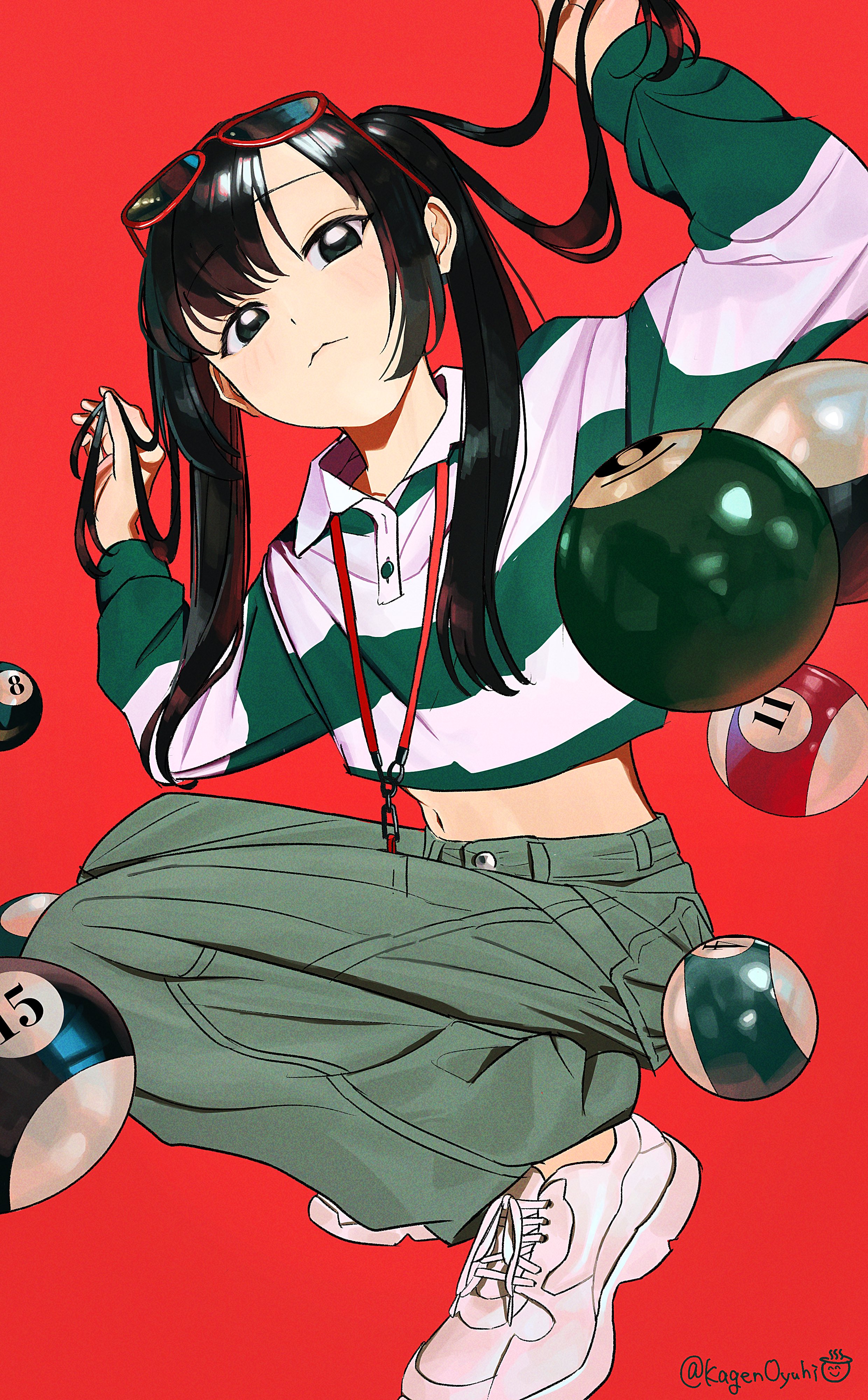 kagenoyuhi, original, absurdres, highres, 1girl, arms up, ball, billiard ball, black hair, closed mouth, cropped shirt, eyewear on head, green shirt, lanyard, long hair, long sleeves, looking at viewer, midriff, pants, red background, shirt, shoes, simple background, sneakers, solo, striped clothes, striped shirt, twintails, white shoes