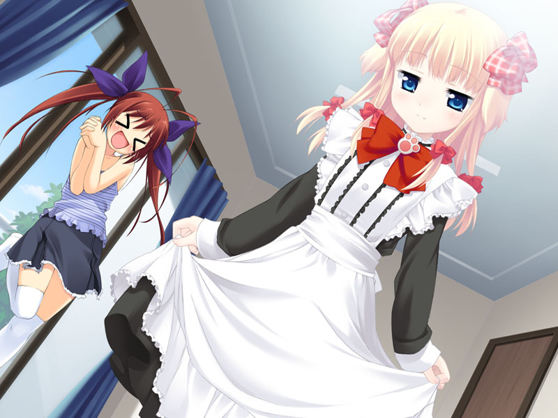 mizuki kotora, oumi risa, silviana, wanko to kurasou, white legwear, game cg, > <, 2girls, :d, antenna hair, blonde hair, blue eyes, blush, bow, camisole, ceiling, closed eyes, dutch angle, hair bow, leg lift, maid, multiple girls, open mouth, own hands clasped, own hands together, plaid bow, ribbon, skirt, smile, thighhighs, window, xd, zettai ryouiki