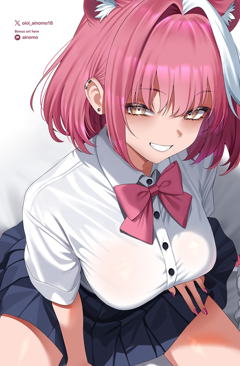 oioi ainomo, raora panthera, hololive, hololive english, commentary, hashtag-only commentary, highres, 1girl, alternate hair length, alternate hairstyle, animal ears, artist name, bed sheet, black skirt, blush, bow, bowtie, breasts, collared shirt, ear piercing, earclip, earrings, fingernails, from above, grin, hair intakes, jewelry, large breasts, medium hair, multicolored hair, nail polish, panther ears, panther girl, panther tail, patreon logo, patreon username, piercing, pink bow, pink bowtie, pink hair, pink nails, pink tail, pleated skirt, school uniform, shirt, shoes, short sleeves, sitting, skirt, smile, socks, solo, streaked hair, stud earrings, tail, teeth, thighs, twitter username, two-tone hair, virtual youtuber, white background, white hair, white shirt, white shoes, white socks, yellow eyes