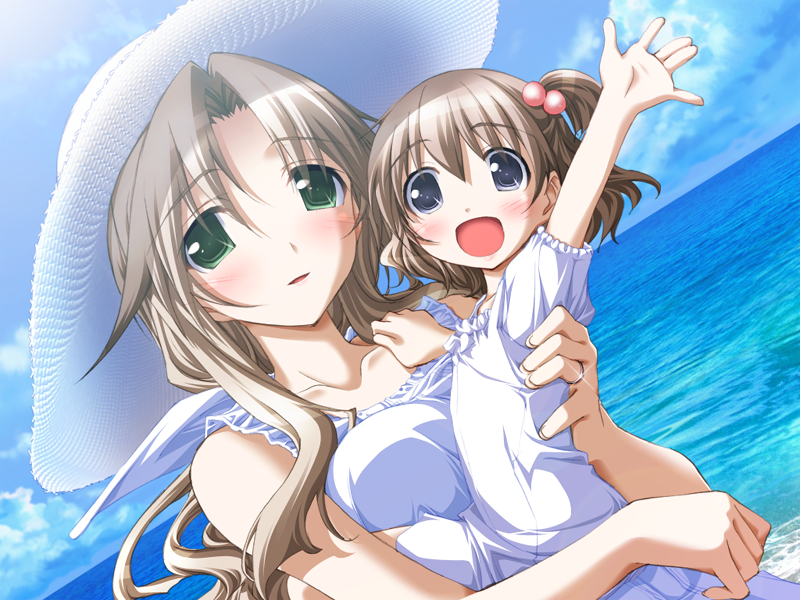 kurashima tomoyasu, yuugiri ruriko, ashita no kimi to au tame ni, game cg, 2girls, age difference, beach, blush, carrying, child, child carry, day, dress, hair bobbles, hair ornament, happy, hat, mother and daughter, multiple girls, ocean, open mouth, outdoors, side ponytail, sky, sun hat, sundress, waving