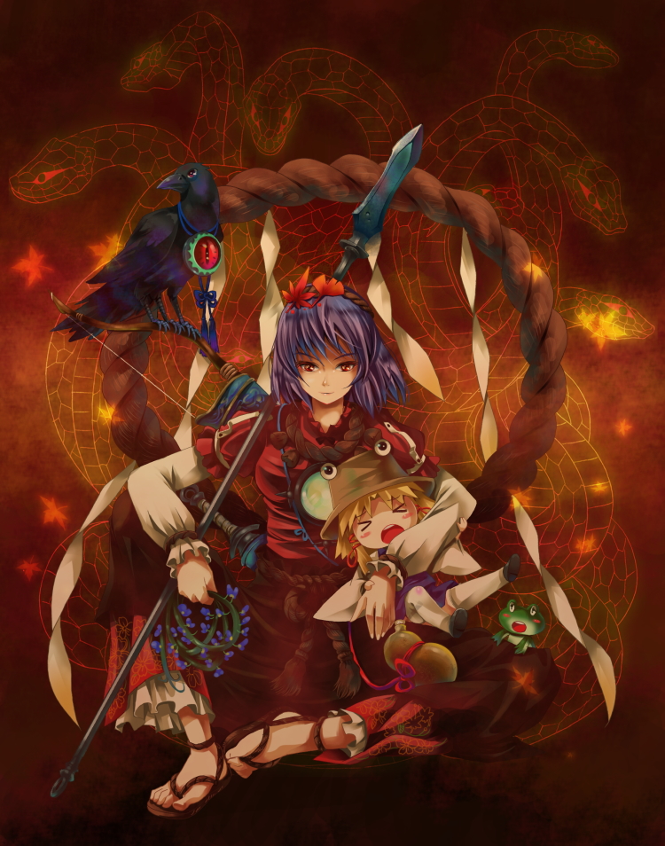 michii yuuki, moriya suwako, reiuji utsuho, reiuji utsuho (bird), yasaka kanako, yata garasu, touhou, bad id, bad pixiv id, > <, 2girls, bird, blonde hair, bow (weapon), closed eyes, crow, female focus, flower, frog, hair ornament, hat, leaf hair ornament, multiple girls, polearm, purple hair, red eyes, rope, short hair, sitting, snake, spear, weapon