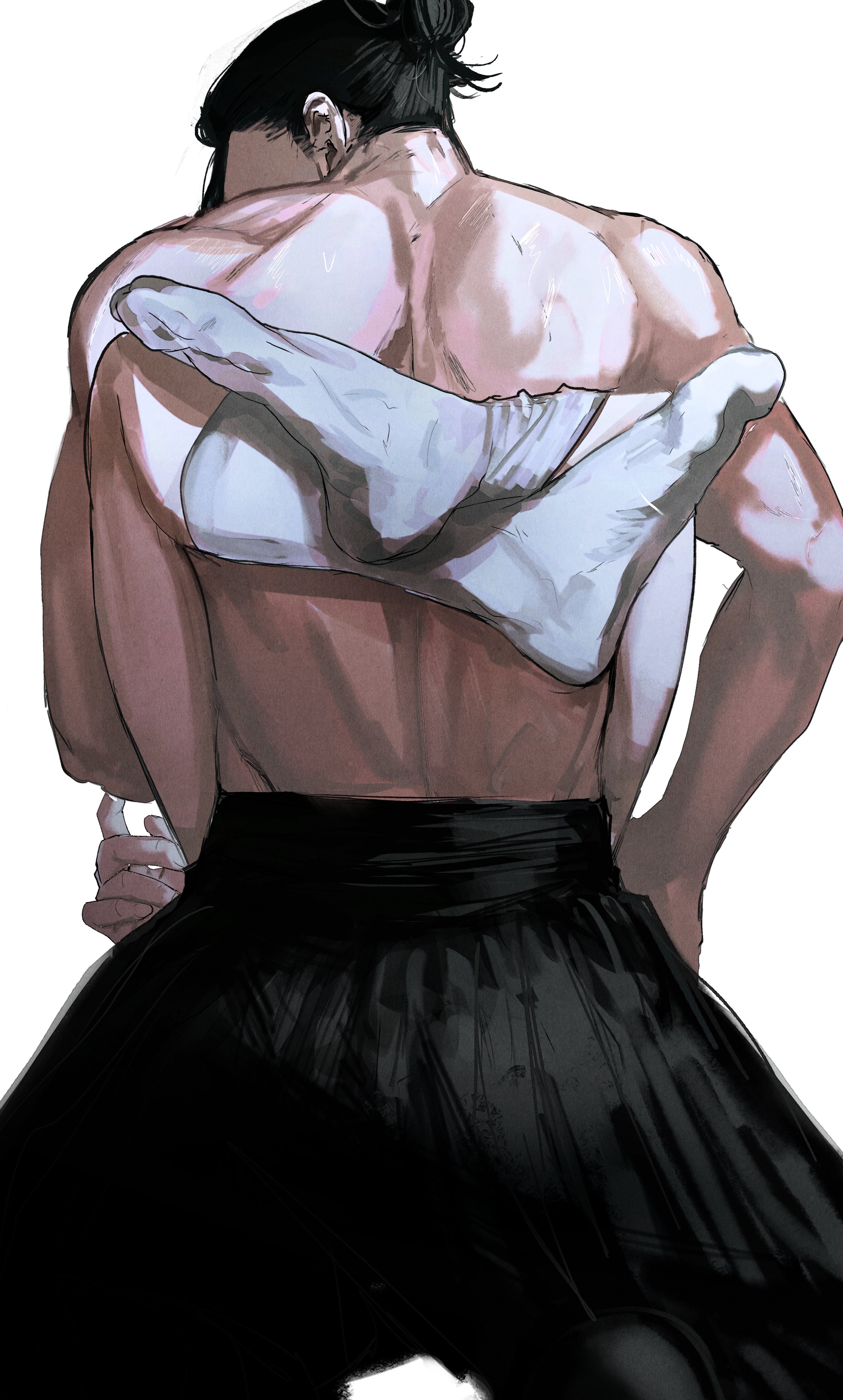 ogata69, getou suguru, gojou satoru, jujutsu kaisen, absurdres, highres, 2boys, back, black hair, from behind, hair bun, hair pulled back, leg lock, male focus, multiple boys, short hair, simple background, socks, topless male, white background, white socks, yaoi