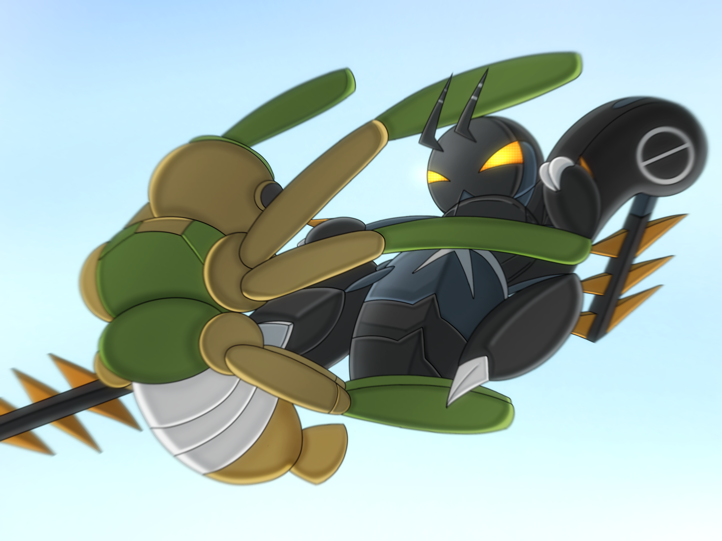 kosaburou, lokix, spidops, nintendo, pokemon, commentary request, highres, ibispaint (medium), antennae, kicking, no humans, pokemon (creature), pokemon focus, v-shaped eyes