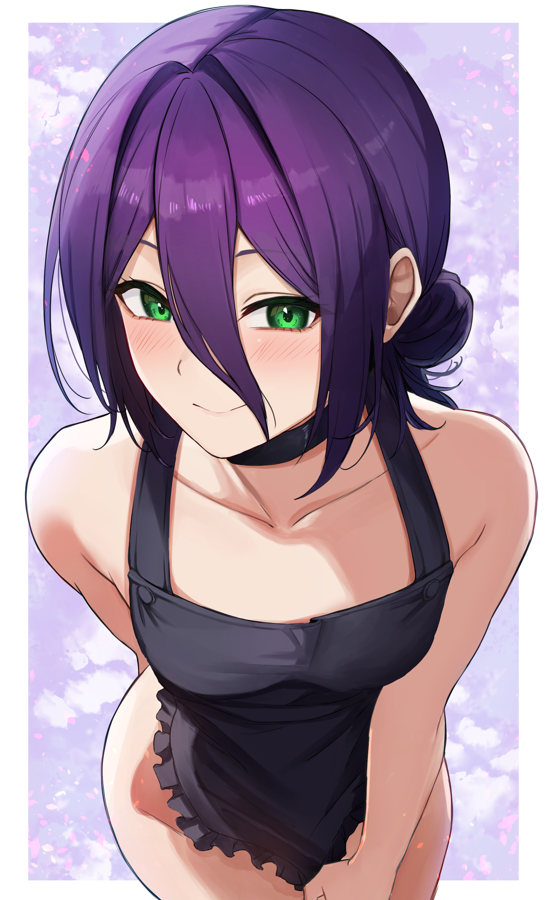 helthbuth, reze (chainsaw man), chainsaw man, absurdres, highres, 1girl, apron, black apron, black choker, breasts, choker, closed mouth, green eyes, hair bun, leaning forward, light blush, looking at viewer, naked apron, purple hair, small breasts, smile, solo