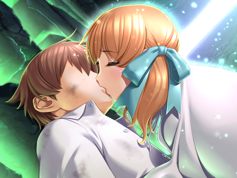 sano toshihide, kusakabe rurune, majodou, game cg, 1boy, 1girl, brown hair, closed eyes, hetero, kiss