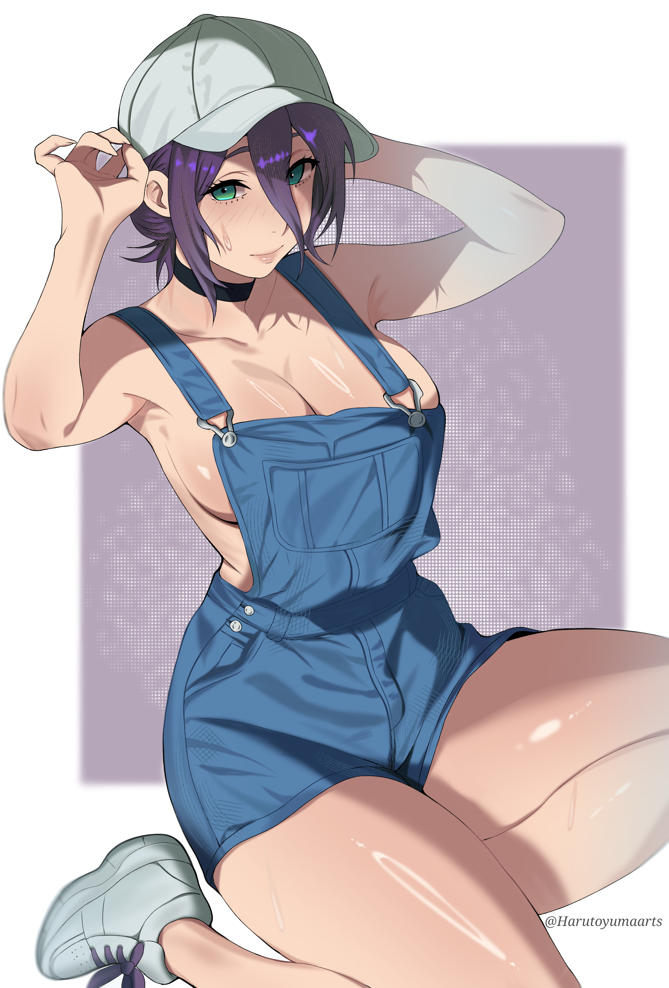harutoyumaarts, reze (chainsaw man), chainsaw man, absurdres, highres, 1girl, baseball cap, black choker, blue overalls, breasts, choker, cleavage, closed mouth, green eyes, grey hat, grey shoes, hair between eyes, hat, large breasts, naked overalls, overalls, purple hair, shoes, solo, sweat