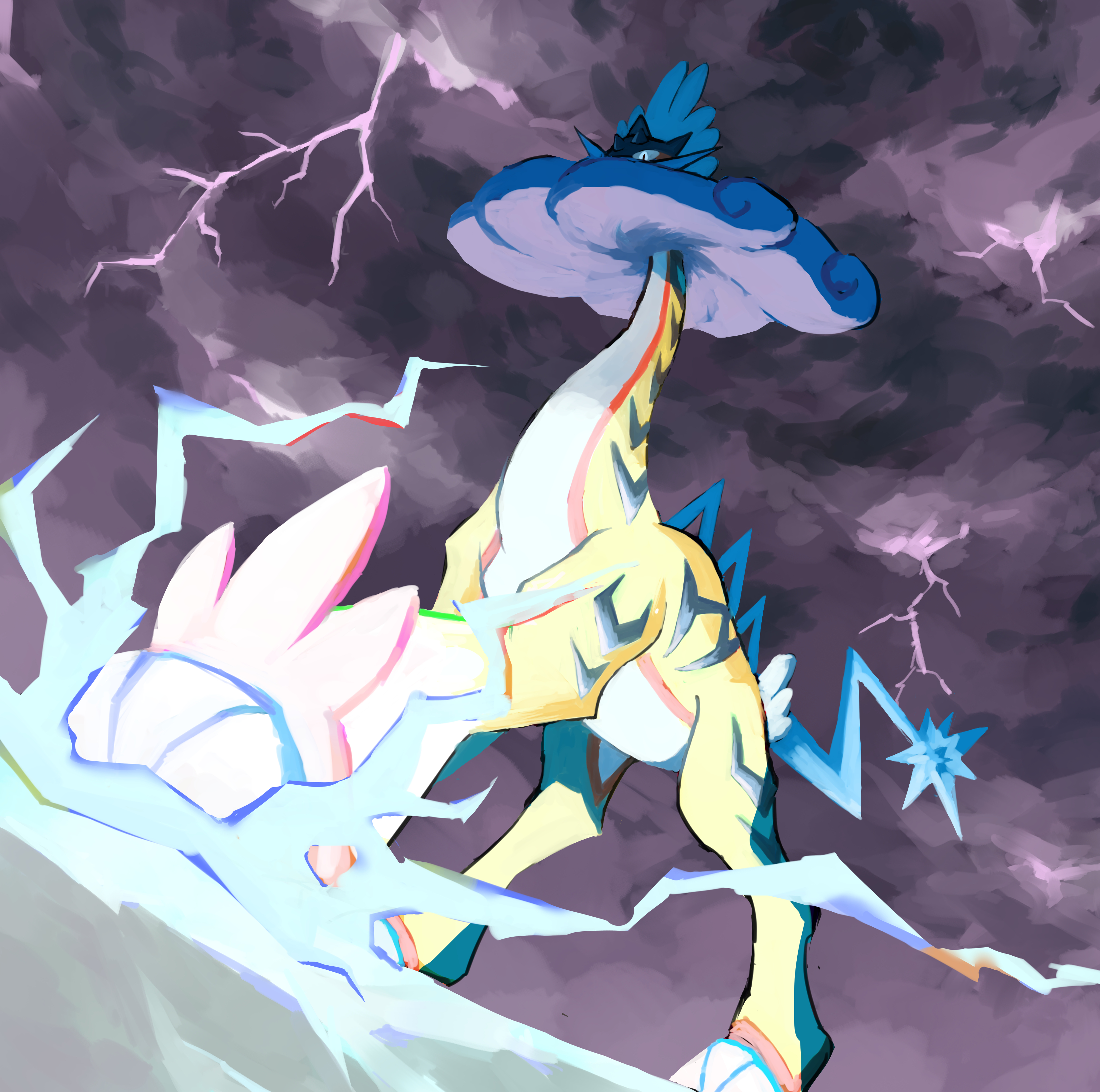 eve malus, raging bolt, nintendo, pokemon, absurdres, commentary request, highres, cloud, cloudy sky, electricity, forked tail, from below, full body, lightning, long neck, looking at viewer, mane, no humans, pokemon (creature), pokemon focus, purple fur, sauropod, sky, solo, storm cloud, striped fur, tail, thunderstorm, white eyes