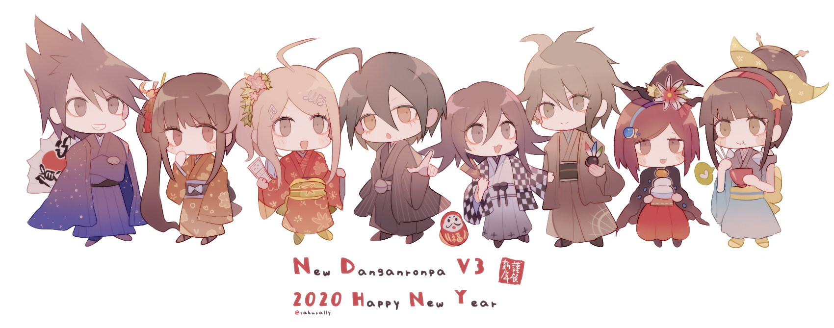 sakura (fein5862817), akamatsu kaede, amami rantaro, chabashira tenko, harukawa maki, momota kaito, oma kokichi, saihara shuichi, yumeno himiko, danganronpa (series), danganronpa v3: killing harmony, commentary request, food request, highres, 2020, 4boys, 4girls, :o, absurdly long hair, adapted costume, aegyo sal, ahoge, alternate costume, antenna hair, back bow, ball, black bow, black hair, black hakama, black hat, black jacket, black kimono, black sash, black shoes, blonde hair, blue eyes, blue gemstone, blue hairband, blunt bangs, blunt ends, bob cut, bow, bowl, brown eyes, brown hair, brown hakama, brown jacket, brown kimono, brown shoes, checkered clothes, checkered jacket, cherry blossoms, chewing, chibi, chopsticks, copyright name, eating, english text, expressionless, eyelashes, facial hair, floral print, flower, food, gem, gem hair ornament, goatee, green bow, green hair, green sash, green shoes, grin, hair between eyes, hair bow, hair bun, hair flower, hair ornament, hair spread out, hairband, hairpin, hakama, hakama skirt, hand on own cheek, hand on own face, hane (hanetsuki), haori, happy, happy new year, hat, hat flower, holding, holding ball, holding bowl, holding chopsticks, holding food, holding omikuji, jacket, jacket on shoulders, jacket tug, japanese clothes, kimono, large bow, leaf hair ornament, light blush, long eyelashes, long hair, long hair between eyes, looking at another, medium hair, messy hair, multicolored jacket, multiple boys, multiple girls, new year, no mouth, obi, omikuji, open mouth, orange kimono, pink flower, pink hairband, pinstripe jacket, pinstripe pattern, pointing, pointing at viewer, ponytail, print bow, print hakama, print jacket, print kimono, print sash, purple eyes, purple hair, purple hakama, purple jacket, purple kimono, purple shoes, red flower, red hair, red hakama, red kimono, sash, shide, shirt, shoes, short hair, short hair with long locks, short kimono, short ponytail, side ponytail, sidelocks, simple background, single hair bun, skirt, sleeve rolled up, sleeves past fingers, sleeves past wrists, smile, space print, spiked hair, starry sky print, twitter username, two-sided fabric, two-sided jacket, two-tone jacket, updo, very long hair, waist bow, white background, white bow, white hakama, white jacket, white kimono, white sash, wide sleeves, witch hat, yellow eyes, yellow shirt, yukata