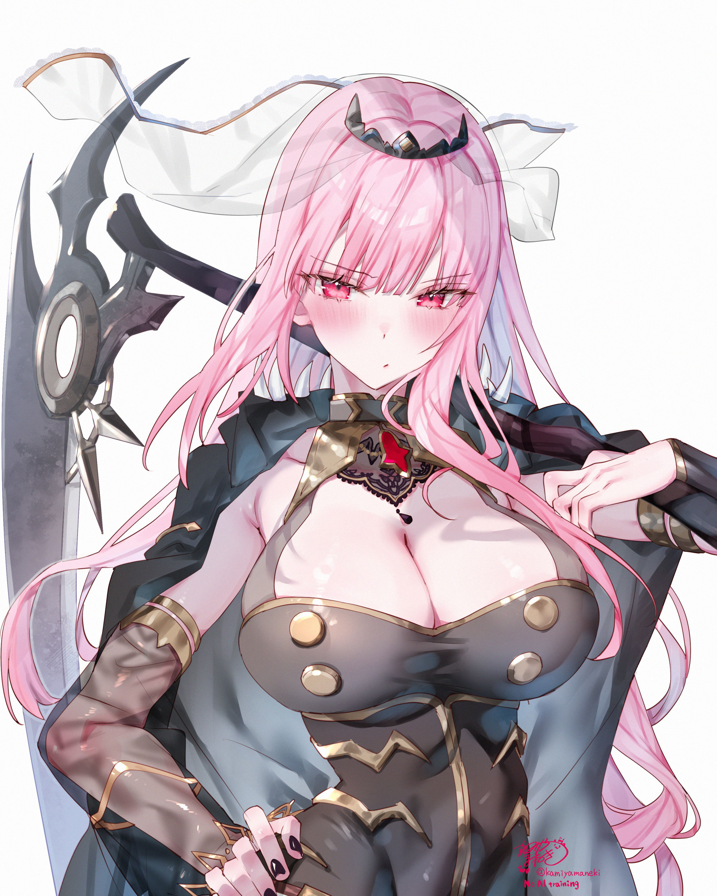 kamiya maneki, mori calliope, mori calliope (1st costume), hololive, hololive english, absurdres, commentary, highres, 1girl, armlet, artist name, black cape, black dress, black nails, black sleeves, black tiara, blush, breasts, cape, cleavage, closed mouth, collarbone, detached sleeves, dress, fingernails, hand on own hip, hip bones, holding, holding scythe, jewelry, lace-trimmed veil, lace trim, large breasts, long hair, long sleeves, looking at viewer, nail polish, pink eyes, pink hair, scythe, see-through clothes, see-through sleeves, see-through veil, signature, simple background, single bracer, single detached sleeve, solo, tiara, twitter username, veil, virtual youtuber, white background