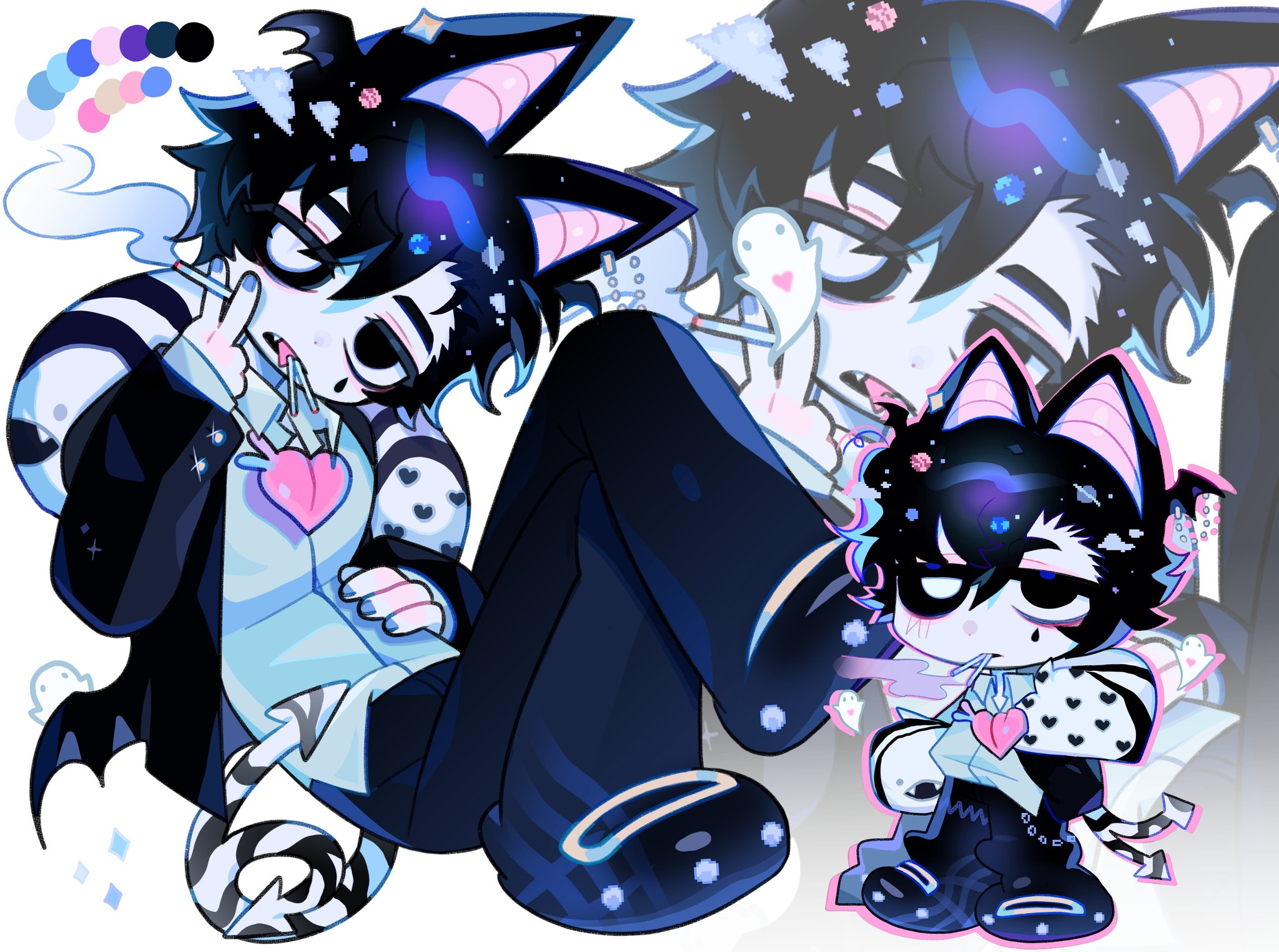original, commentary, english commentary, highres, 1boy, adoptable, animal ears, bat boy, bat ears, bat wings, black eyes, black hair, black sclera, black suit, chibi, cigarette, cloud hair ornament, colored sclera, crossed legs, demon tail, dilnyan03, fang, forked tail, formal clothes, ghost, hair ornament, head wings, heart, heterochromia, holding, holding cigarette, jacket, looking at viewer, low wings, male focus, mismatched sclera, multiple cigarettes in mouth, multiple views, multiple wings, open clothes, open jacket, planet hair ornament, short hair, simple background, sitting, slit pupils, smoking, suit, tail, tongue, tongue out, white background, white eyes, wings, zoom layer