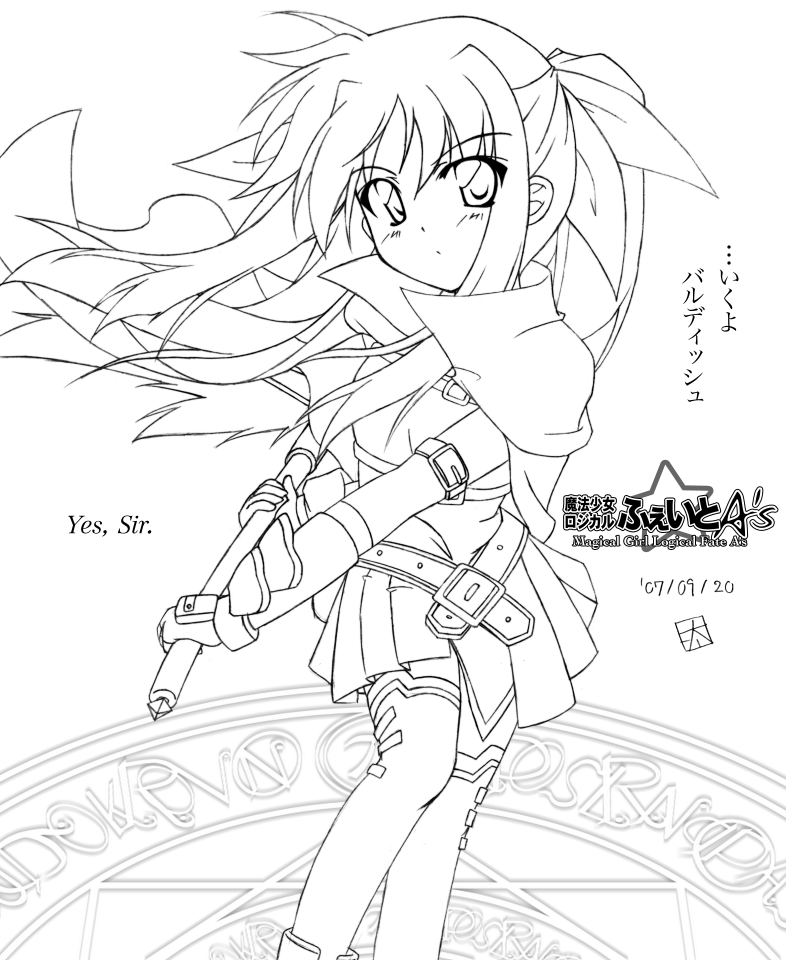otabe sakura, bardiche (nanoha), fate testarossa, lyrical nanoha, mahou shoujo lyrical nanoha, 00s, belt, blush, boots, cape, dress, fingerless gloves, gloves, greyscale, long hair, miniskirt, monochrome, ribbon, skirt, solo, thighhighs, twintails, very long hair