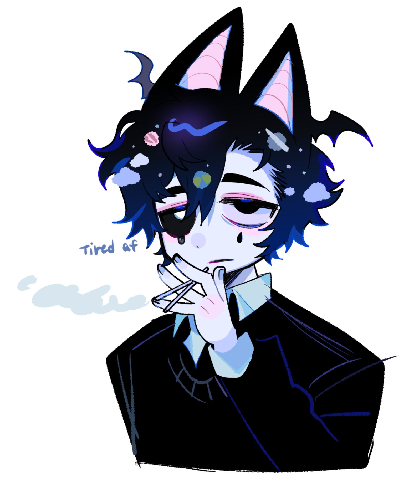 original, commentary, english commentary, highres, 1boy, animal ears, bat boy, bat ears, bat wings, black eyes, black hair, black sclera, blue hair, cigarette, cloud hair ornament, colored sclera, dilnyan03, english text, gradient hair, hair ornament, head wings, heterochromia, holding, holding cigarette, looking at viewer, male focus, mismatched sclera, multicolored hair, planet hair ornament, short hair, simple background, slit pupils, smoking, solo, teardrop, teardrop facial mark, upper body, white background, white eyes, wings