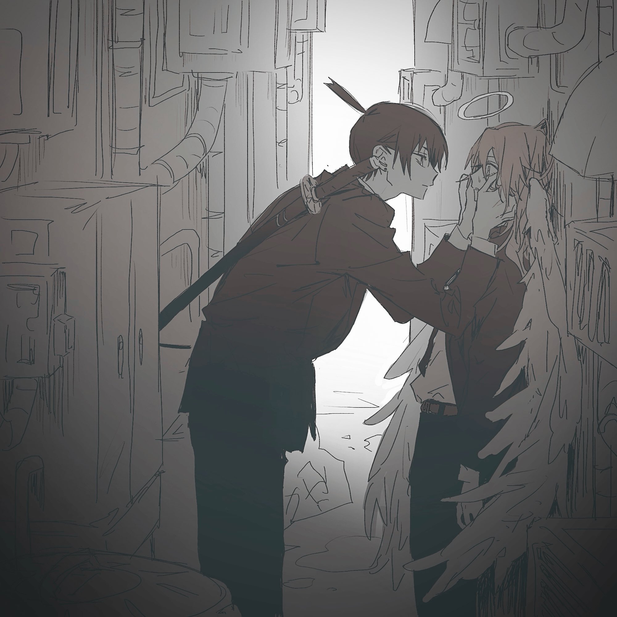 angel devil (chainsaw man), hayakawa aki, chainsaw man, commentary request, highres, 2boys, alley, expressionless, eye contact, feathered wings, formal clothes, from side, greyscale, halo, hands on another's cheeks, hands on another's face, katana, looking at another, m budat1, male focus, monochrome, multiple boys, profile, suit, sword, sword on back, weapon, weapon on back, wings, yaoi
