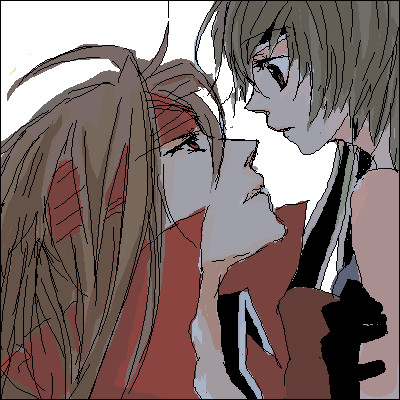 vincent valentine, yuffie kisaragi, dirge of cerberus final fantasy vii, final fantasy, final fantasy vii, artist request, lowres, 1990s (style), 1boy, 1girl, brown eyes, couple, hetero, long hair, oekaki, red eyes, short hair