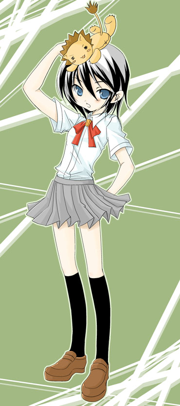 kon (bleach), kuchiki rukia, bleach, long image, tall image, 00s, black hair, blue eyes, school uniform, short hair, skirt, solo, stuffed animal, stuffed lion, stuffed toy