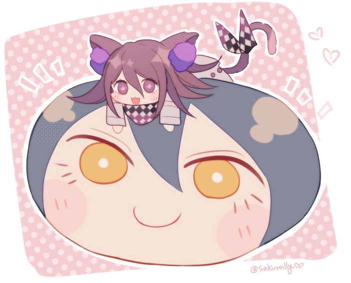 sakura (fein5862817), oma kokichi, saihara shuichi, danganronpa (series), danganronpa v3: killing harmony, commentary request, + +, 1boy, animal ear fluff, animal ears, arm belt, bean bag chair, belt, black bow, black scarf, blush stickers, border, bow, buttons, cat boy, cat ears, cat tail, checkered bow, checkered clothes, checkered scarf, chibi, eyelashes, hair between eyes, halftone, happy, heart, jacket, kemonomimi mode, long hair between eyes, long sleeves, lying, male focus, medium hair, notice lines, on stomach, open mouth, outline, pink background, polka dot, polka dot background, purple eyes, purple hair, scarf, smile, solo, tail, tail bow, tail ornament, twitter username, two-tone bow, two-tone scarf, white belt, white border, white bow, white jacket, white outline, white scarf