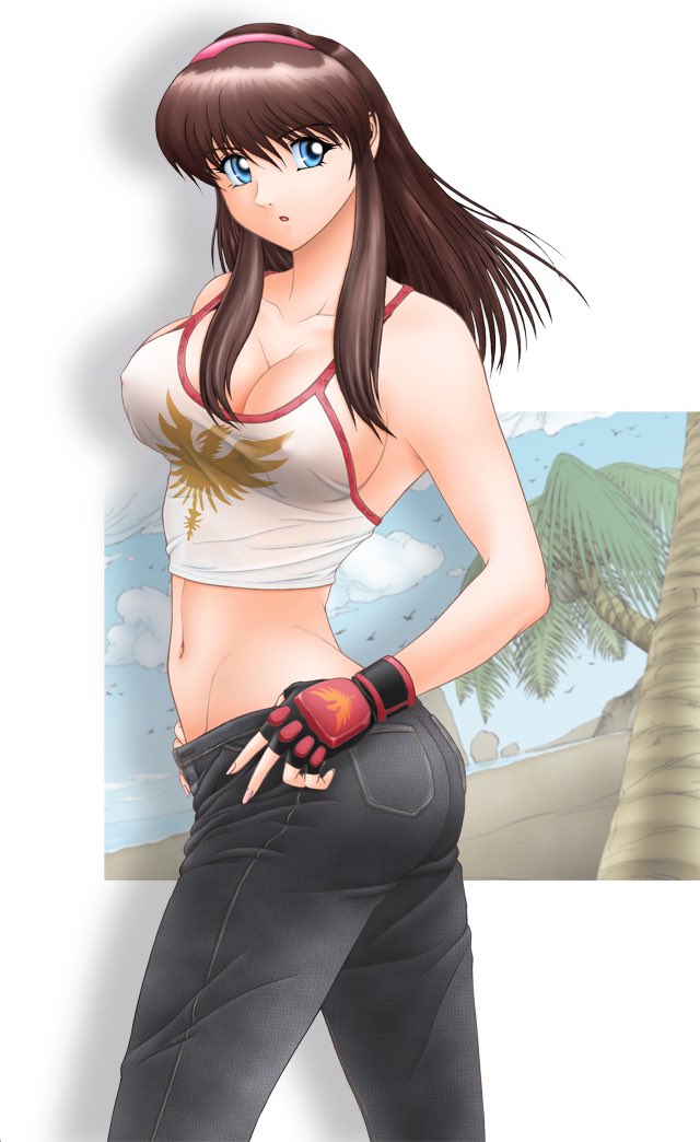 hitomi (doa), dead or alive, ass, bai xie meng, blue eyes, breasts, brown hair, cleavage, covered erect nipples, denim, fingerless gloves, gloves, hairband, hands on own hips, large breasts, long hair, looking to the side, midriff, open mouth, palm tree, pink hairband, red gloves, sidelocks, tank top, tree, white tank top