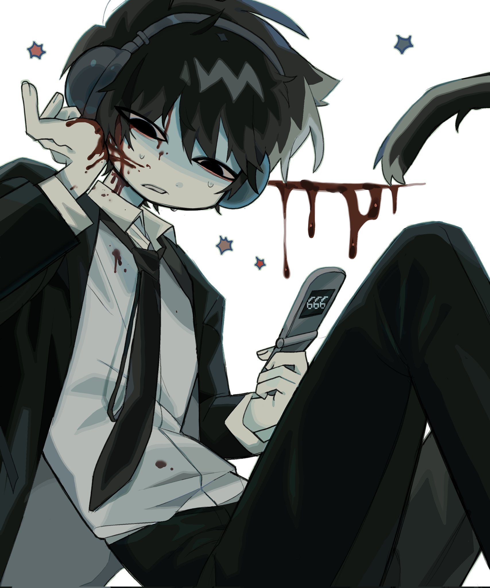 original, commentary, english commentary, highres, 1boy, black eyes, black hair, black necktie, black suit, bleeding, blood, cat (dilnyan03), cat boy, cat tail, cellphone, cuts, dilnyan03, flip phone, formal clothes, grey shirt, hand on own cheek, hand on own face, headphones, holding, holding phone, injury, knees up, looking at viewer, male focus, necktie, phone, shirt, short hair, sitting, solo, suit, sweat, tail, white background