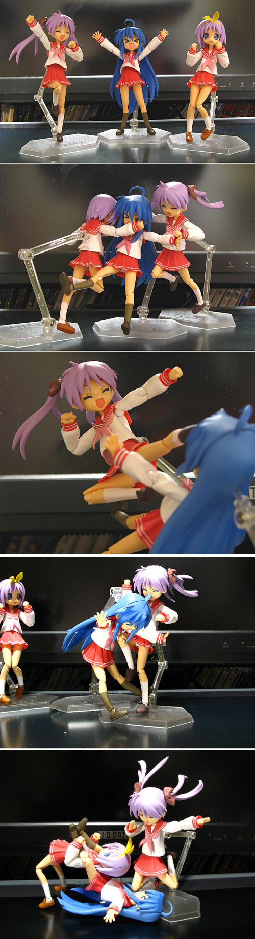 hiiragi kagami, hiiragi tsukasa, izumi konata, figma, lucky star, highres, long image, photo (medium), tall image, > <, 00s, 3girls, :d, ahoge, closed eyes, figure, figure (medium), kicking, multiple girls, open mouth, rider kick, school uniform, serafuku, shining wizard, siblings, sisters, smile, suplex, twins, wrestling, xd