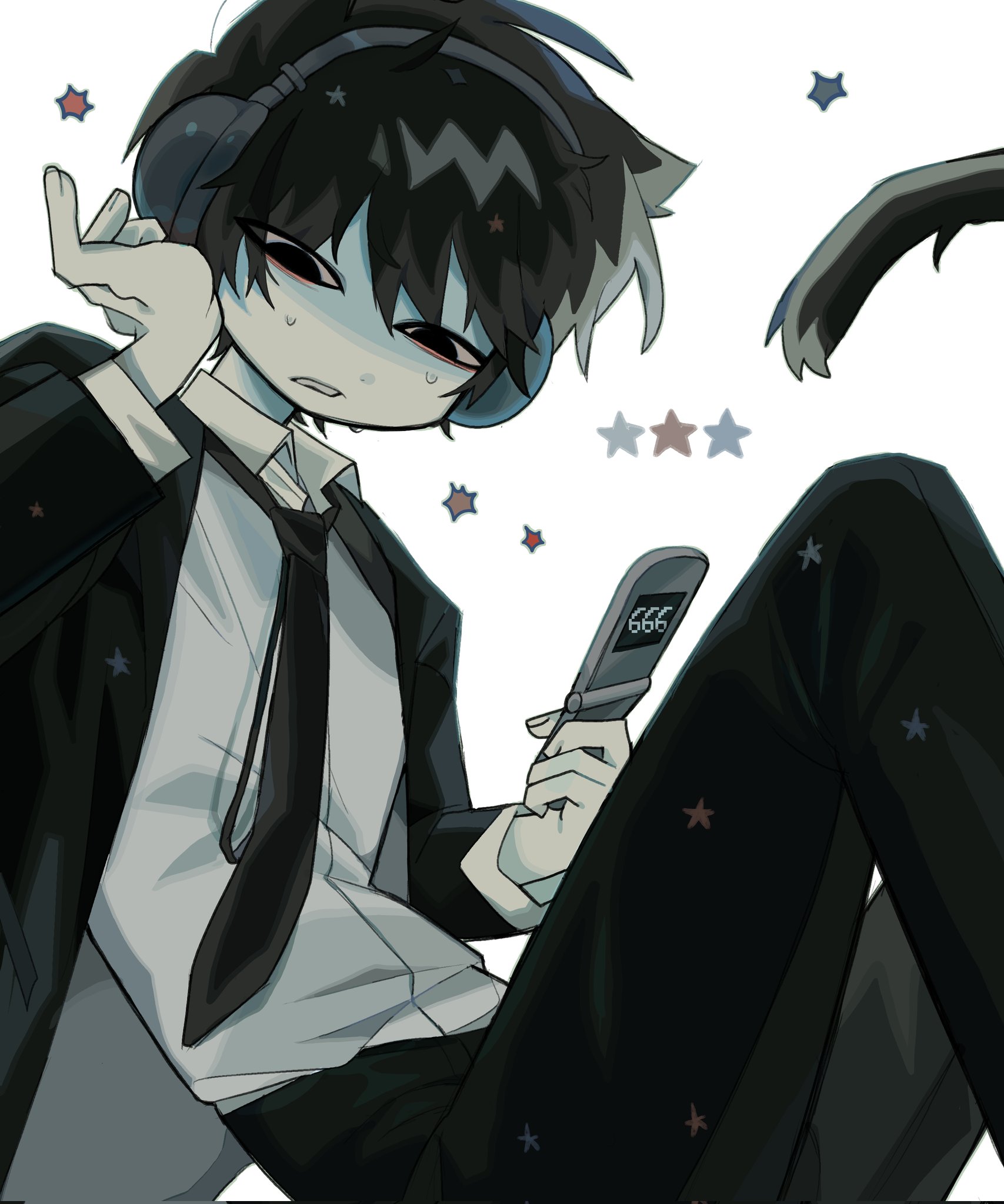 original, commentary, english commentary, highres, 1boy, black eyes, black hair, black necktie, black suit, cat (dilnyan03), cat boy, cat tail, cellphone, dilnyan03, flip phone, formal clothes, grey shirt, hand on own cheek, hand on own face, headphones, holding, holding phone, knees up, looking at viewer, male focus, necktie, phone, shirt, short hair, sitting, solo, suit, sweat, tail, white background