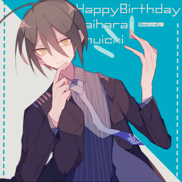 sakura (fein5862817), saihara shuichi, danganronpa (series), danganronpa v3: killing harmony, 1boy, adapted costume, aegyo sal, ahoge, black hair, black jacket, blazer, blue background, blue necktie, bullet, character name, collared jacket, collared shirt, crest, dotted line, fingernails, floating neckwear, grey background, grey jacket, grey shirt, hair between eyes, happy, happy birthday, jacket, lapels, layered sleeves, long eyelashes, long hair between eyes, long sleeves, male focus, necktie, notched lapels, object floating above hand, open clothes, open jacket, pinstripe pattern, pinstripe shirt, print necktie, shirt, short hair, solo, twitter username, two-sided fabric, two-sided jacket, two-tone background, upper body, yellow eyes