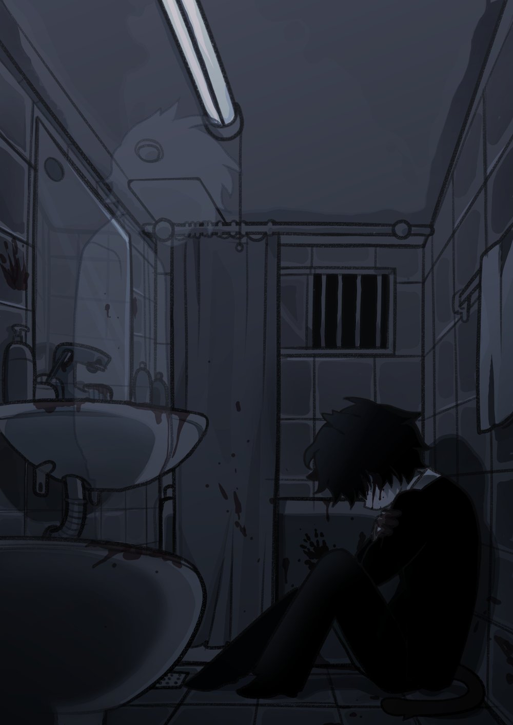 original, highres, 2boys, bathroom, black hair, bleeding, blood, blood on face, bloody sink, dilnyan03, dual persona, full body, indoors, injury, male focus, multiple boys, short hair, sink, sitting, solo