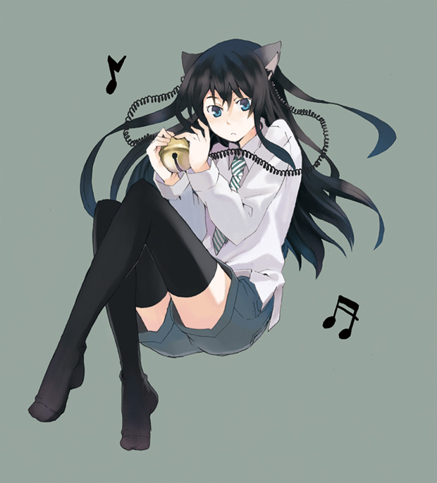 kuchibue, bad id, bad pixiv id, 1girl, animal ears, black hair, blue eyes, cat ears, feet, female focus, headphones, long hair, musical note, necktie, quaver, shirt, shorts, simple background, solo, thighhighs