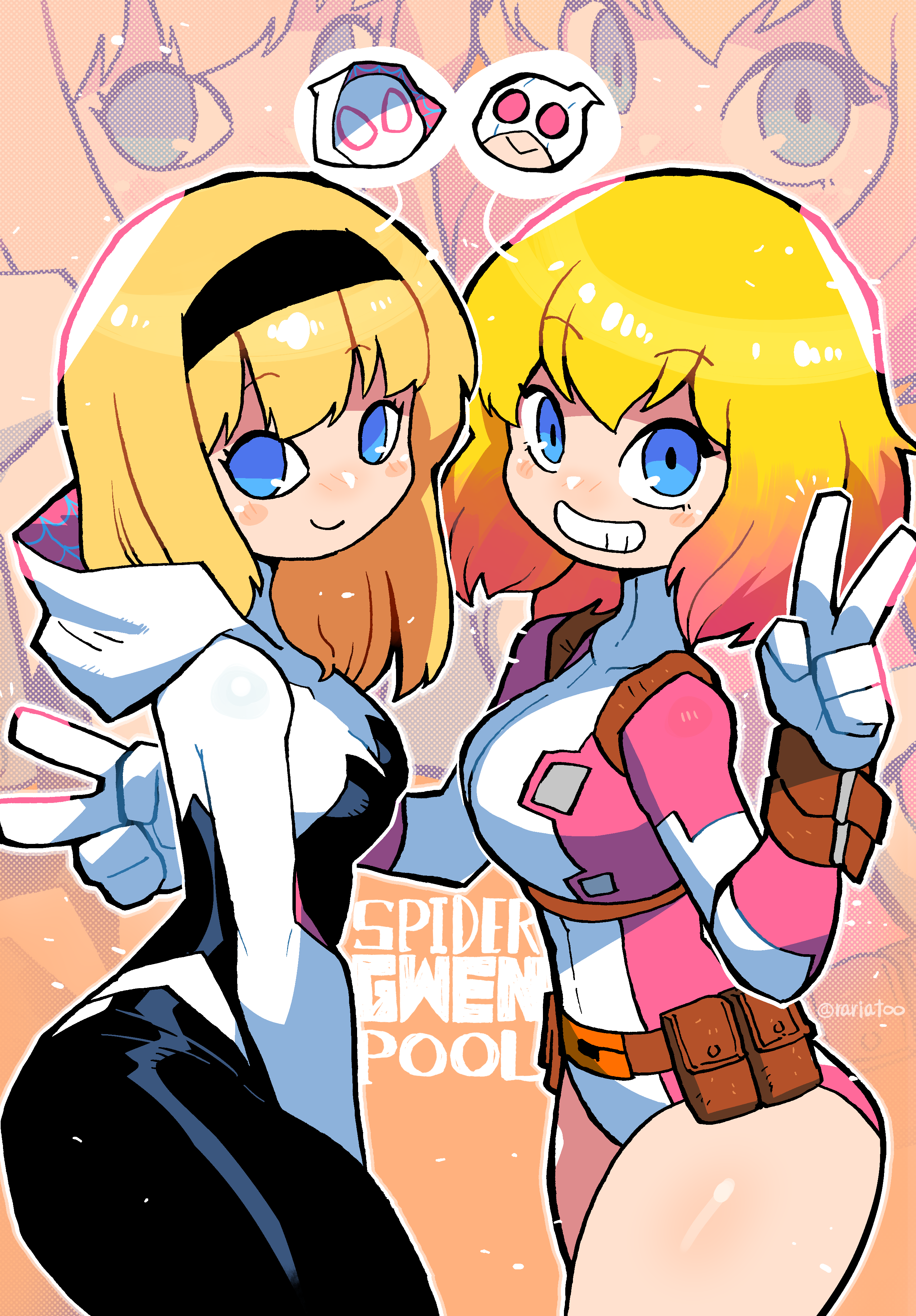 rariatto (ganguri), gwen stacy, gwenpool, spider-gwen, marvel, spider-man (series), absurdres, highres, 2girls, black hairband, blonde hair, blue eyes, blush, breasts, closed mouth, colored tips, double v, eyelashes, hairband, hood, hood down, medium hair, multicolored hair, multiple girls, outline, pink hair, pouch, smile, superhero costume, teeth, thighs, v, white outline, zoom layer