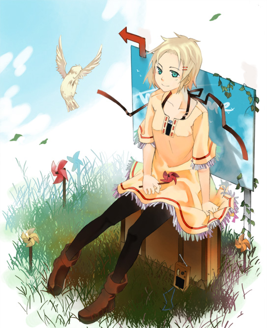 kuchibue, bad id, bad pixiv id, bird, blonde hair, blue eyes, cloud, day, dress, grass, pantyhose, pinwheel, sky, solo