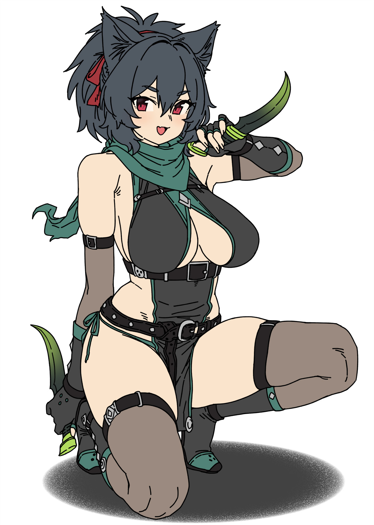 houtengeki, original, highres, 1girl, animal ears, armpit crease, bare shoulders, belt, black belt, black gloves, black hair, black shoes, black thighhighs, breasts, cleavage cutout, clothing cutout, dual wielding, fang, fingerless gloves, full body, gloves, green scarf, hair between eyes, hair ribbon, high ponytail, holding, holding knife, knife, large breasts, looking at viewer, medium hair, ninja, on one knee, open mouth, pelvic curtain, ponytail, red eyes, red ribbon, ribbon, scarf, shoes, simple background, skin fang, smile, solo, thigh belt, thigh strap, thighhighs, white background, wolf ears, wolf girl