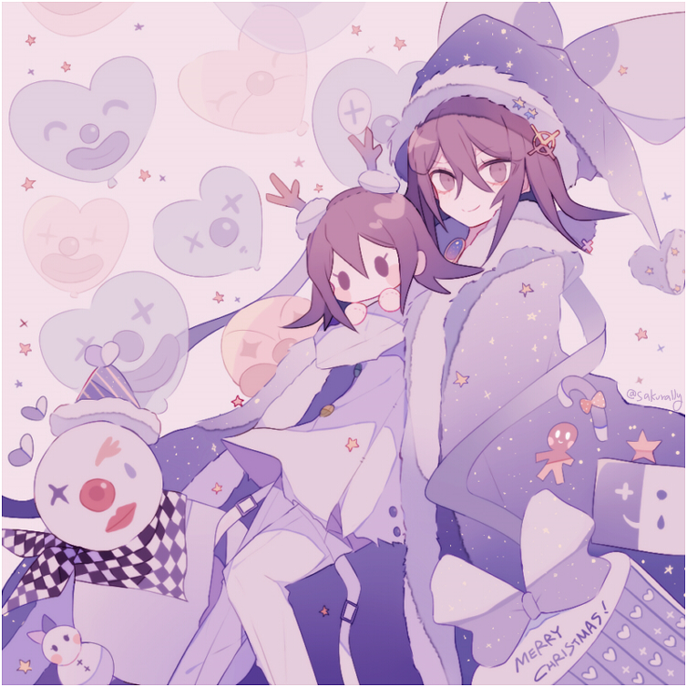 sakura (fein5862817), oma kokichi, danganronpa (series), danganronpa v3: killing harmony, commentary request, 1boy, aegyo sal, balloon, belt, belt buckle, border, brooch, buckle, buttons, candy, candy cane, character doll, checkered clothes, checkered scarf, christmas, closed mouth, clown, crosshair, denim, doll, dress pants, eyelashes, eyes visible through hair, feet out of frame, food, fur-trimmed headwear, fur-trimmed hood, fur-trimmed robe, fur trim, gingerbread man, hair between eyes, hair ornament, happy, hat, heart balloon, holding, holding doll, hood, hood down, hooded robe, jacket, jeans, jewelry, male focus, medium hair, open belt, open clothes, open robe, pants, pom pom (clothes), print headwear, print robe, purple background, purple eyes, purple hair, purple hat, purple robe, purple theme, robe, robe on shoulders, santa hat, scarf, smile, snowman, solo, space print, star (symbol), star print, starry sky print, thigh belt, thigh strap, torn clothes, torn jeans, torn pants, twitter username, unworn scarf, white belt, white border, white jacket, white pants