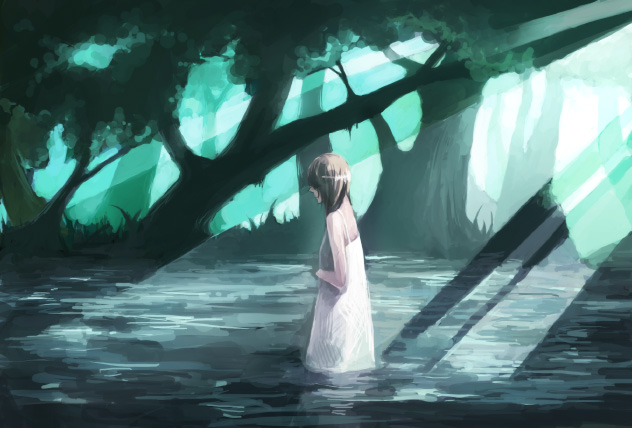 tetra (artist), light, bad id, bad pixiv id, 1girl, day, dress, female focus, forest, light rays, nature, solo, sunbeam, sundress, sunlight, tree, wading, water