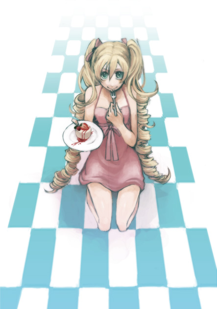 tetra (artist), original, bad id, bad pixiv id, blonde hair, blue eyes, cake, dessert, dress, drill hair, food, fork, pastry, solo, sundress