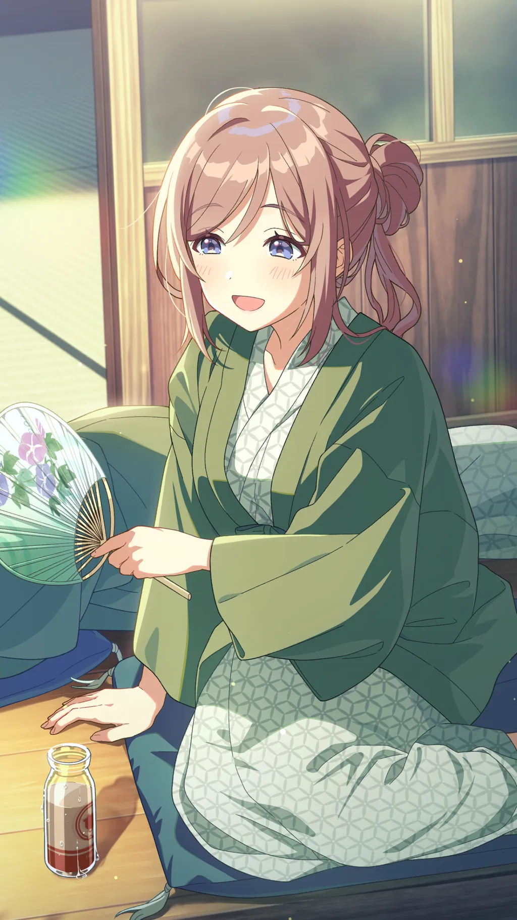 himesaki rinami, gakuen idolmaster, idolmaster, game cg, official art, 1girl, architecture, blue eyes, brown hair, drink, east asian architecture, hand fan, holding, japanese clothes, open mouth, pillow, robe, sitting, solo, tatami, wooden floor