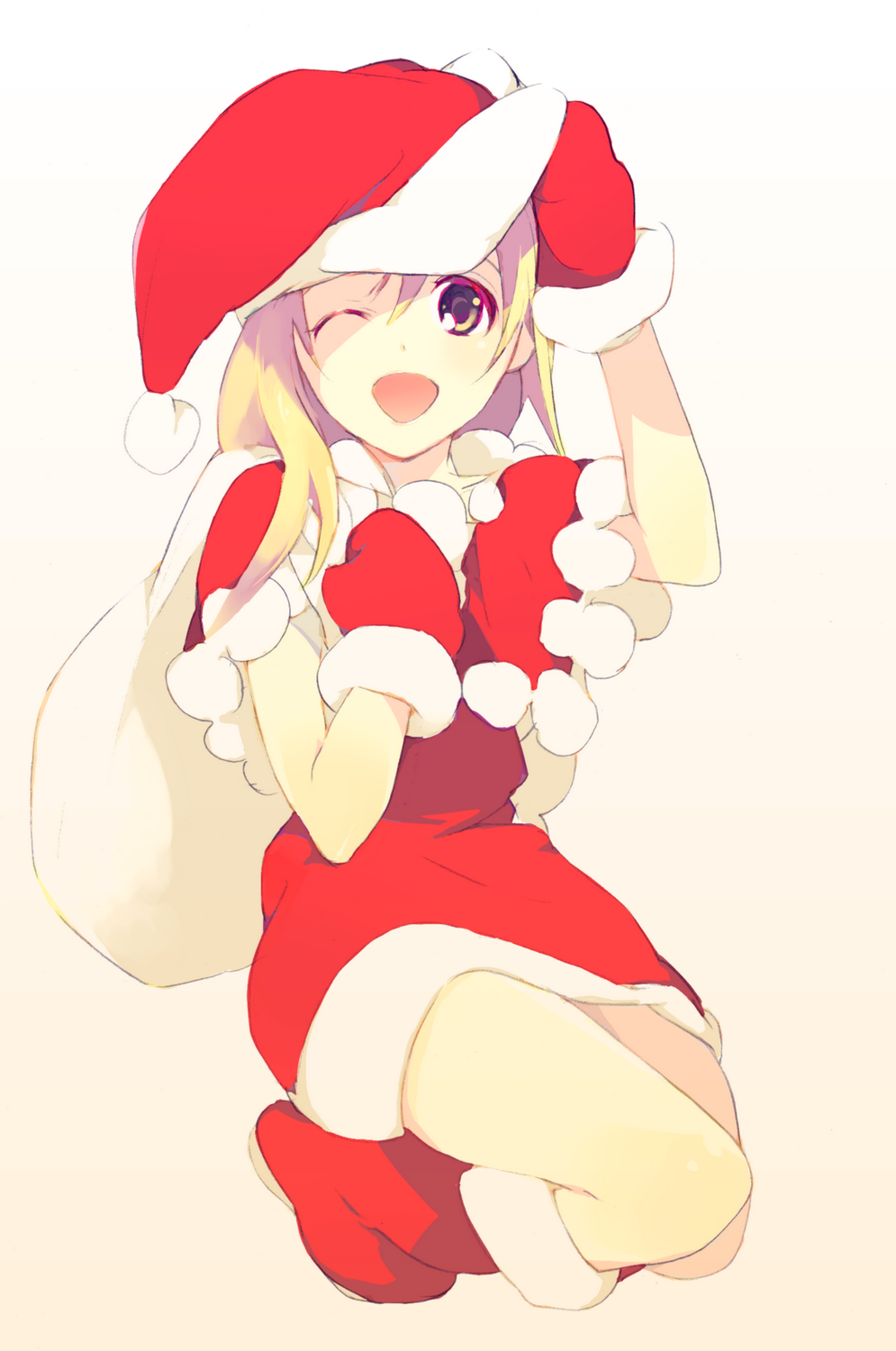 honjyamaka, original, bad id, bad pixiv id, highres, 1girl, blonde hair, christmas, female focus, gloves, happy, hat, long hair, mittens, one eye closed, red mittens, sack, santa costume, santa hat, smile, solo, wink, yellow eyes