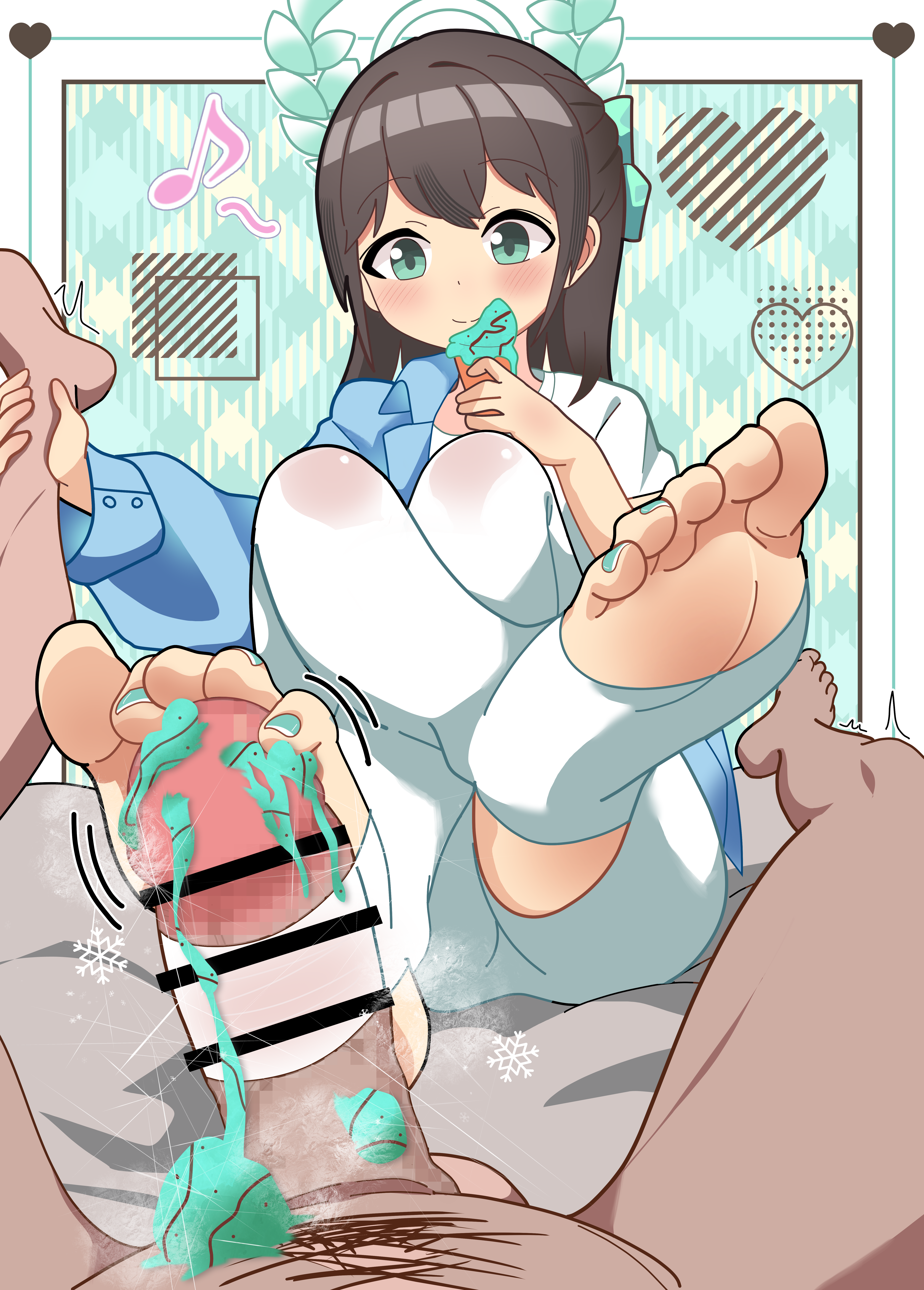 ch0kipeace, airi (band) (blue archive), airi (blue archive), blue archive, 1boy, 1girl, ass, assertive female, bar censor, blush, brown hair, censored, clothed female nude male, crossed legs, feet, food, food on body, food on penis, foot focus, footjob, green background, green eyes, green halo, green nails, halo, holding, holding food, holding ice cream, holding ice cream cone, ice cream, ice cream cone, ice cream on body, knees up, large penis, leg grab, long sleeves, mint chocolate, motion lines, musical note, nude, official alternate costume, on bed, pantyhose, penis, sitting, smile, snowflakes, stirrup legwear, test tube, thighs, toeless legwear, toes, under-stirrup footjob, white pantyhose