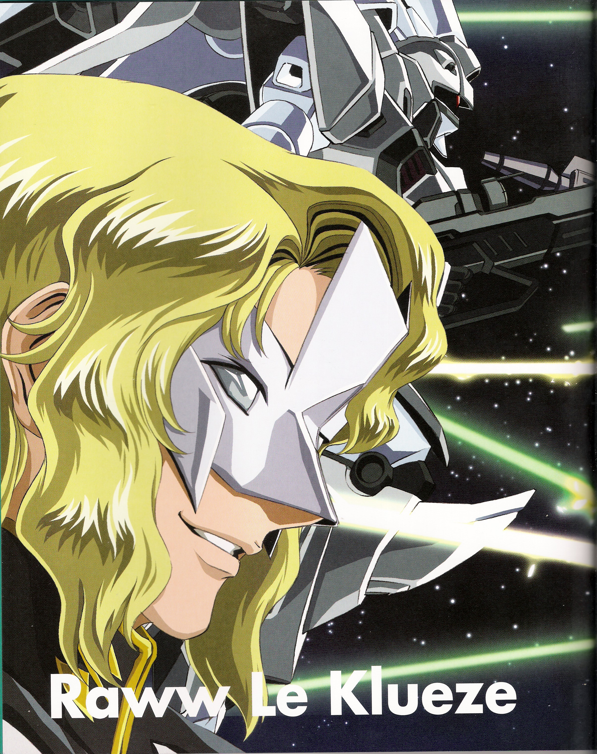 guaiz, rau le creuset, gundam, gundam seed, absurdres, highres, official art, scan, 00s, 1boy, beam rifle, blonde hair, energy gun, gun, male focus, mask, mecha, robot, smile, solo, weapon
