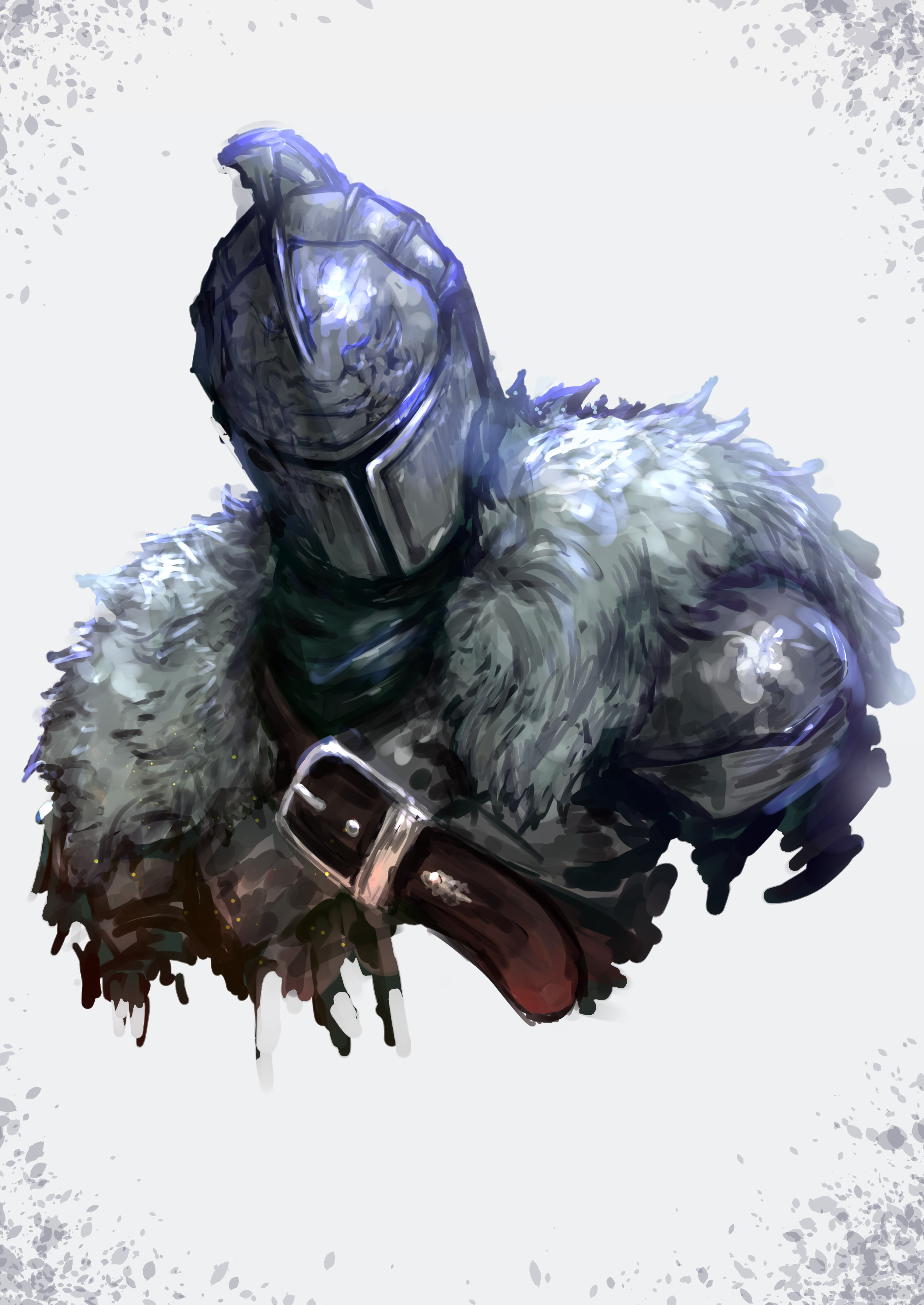 g4ro (garo), bearer of the curse, dark souls (series), dark souls ii, absurdres, commentary request, highres, 1other, ambiguous gender, armor, breastplate, cropped torso, fur collar, helm, helmet, knight, other focus, solo, upper body, white background