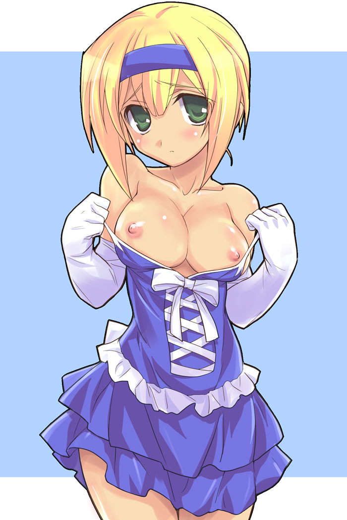 eeeeee, louise halevy, gundam, gundam 00, bad id, bad pixiv id, 00s, 1girl, blonde hair, breasts, clothes pull, dress pull, elbow gloves, female focus, gloves, green eyes, hairband, nipples, pulling own clothes, short hair, solo