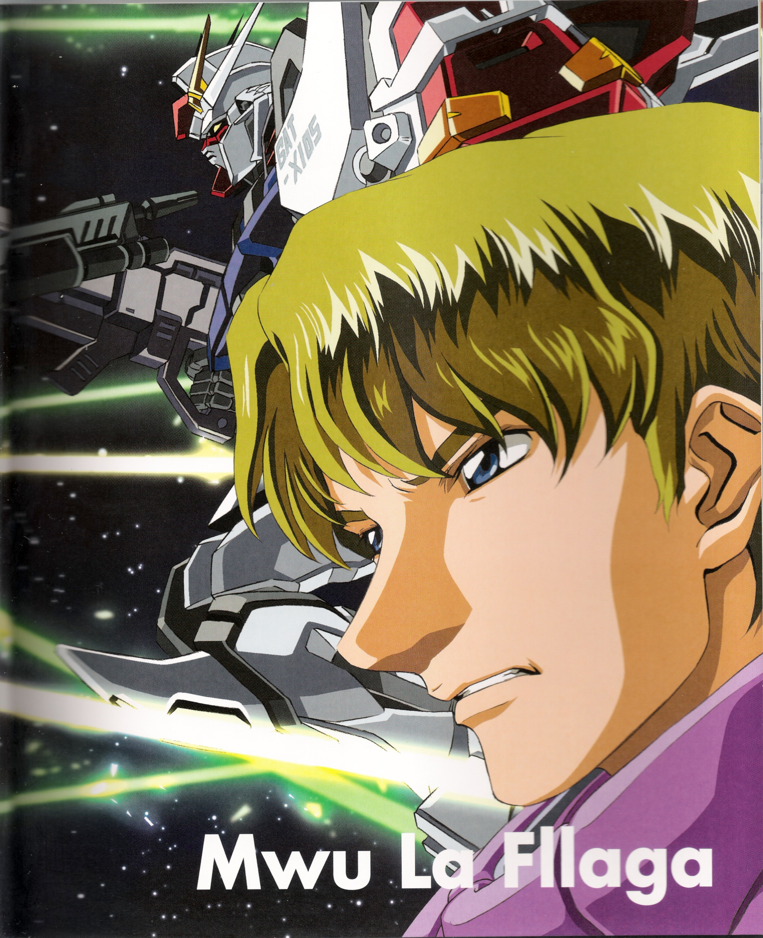 aile strike gundam, mu la flaga, strike gundam, gundam, gundam seed, absurdres, highres, official art, scan, 00s, 1boy, beam rifle, blonde hair, blue eyes, energy gun, gun, male focus, mecha, robot, short hair, solo, weapon