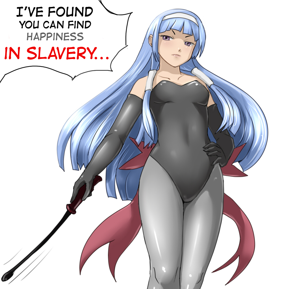 huyase, nagi, happiness in slavery, kannagi, nine inch nails, self-upload, >:|, 00s, 1girl, :|, angry, bare shoulders, bdsm, black gloves, blue hair, blunt bangs, bow, breasts, closed mouth, covered navel, cowboy shot, cropped legs, dominatrix, elbow gloves, english text, female focus, gloves, grey pantyhose, hair tubes, hairband, hand on own hip, holding, leotard, long hair, looking down, motion lines, pantyhose, purple eyes, riding crop, sidelocks, simple background, small breasts, solo, speech bubble, speed lines, standing, v-shaped eyebrows, very long hair, white background