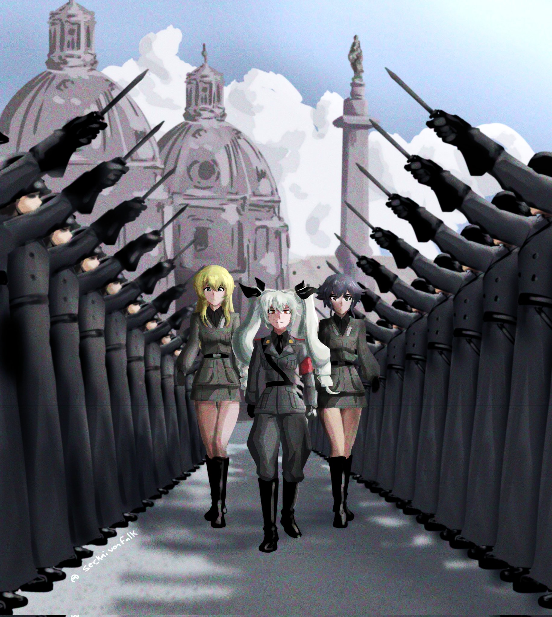 anchovy (girls und panzer), carpaccio (girls und panzer), pepperoni (girls und panzer), girls und panzer, highres, 3girls, anzio military uniform, armband, belt, black boots, black gloves, black hair, black helmet, black ribbon, black shirt, blonde hair, blue sky, boots, braid, breasts, brown eyes, brown hair, church, clenched hands, coat, dress shirt, drill hair, fascist, full body, gloves, green eyes, green hair, grey coat, grey jacket, hair ribbon, helmet, holding, holding knife, jacket, knife, large breasts, long hair, long sleeves, looking at viewer, medium breasts, military, military jacket, military uniform, multiple boys, multiple girls, necktie, real life insert, red armband, red eyes, ribbon, ser kaivonfalk, shirt, short hair, side braid, sky, smile, twin drills, twintails, twitter username