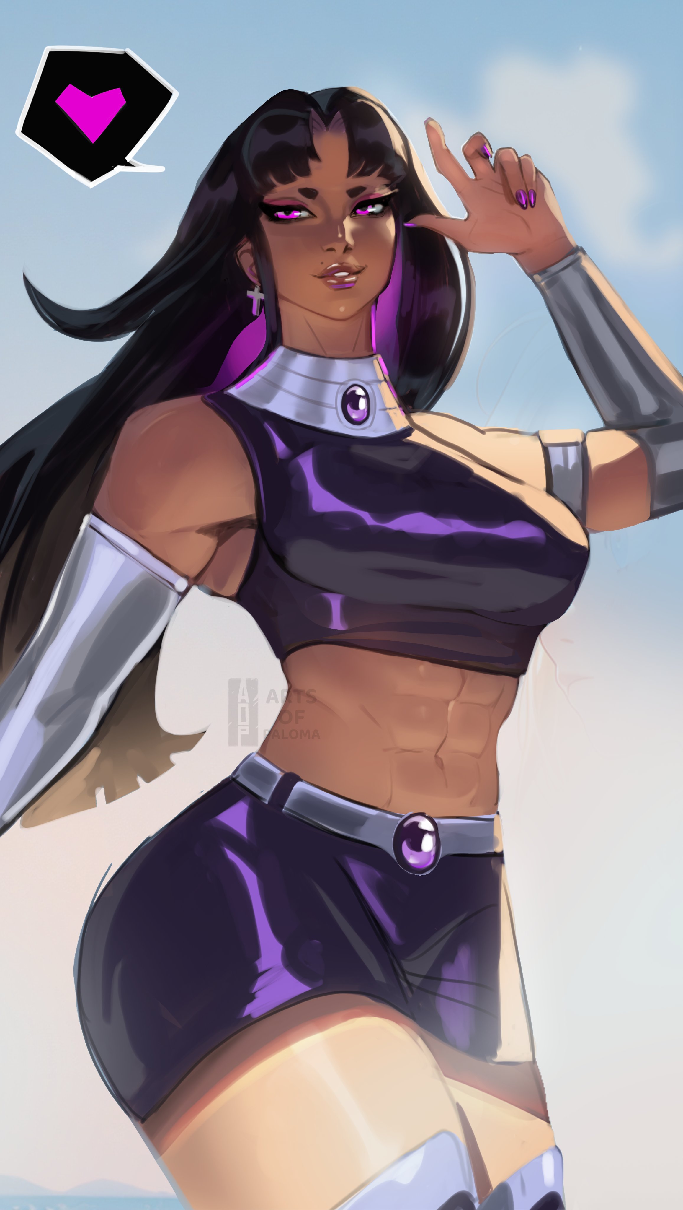 realaop, blackfire, dc comics, teen titans, absurdres, highres, textless version, belt, black hair, breasts, bridal gauntlets, earrings, gem, jewelry, lips, long hair, looking at viewer, medium breasts, midriff, miniskirt, parted bangs, purple eyes, purple gemstone, purple nails, purple skirt, purple tank top, sidelocks, skirt, tamaranean, tank top, thick thighs, thighs