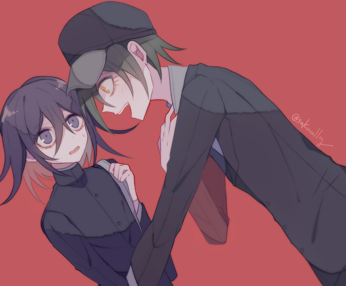 sakura (fein5862817), oma kokichi, saihara shuichi, danganronpa (series), danganronpa v3: killing harmony, 2boys, bag, baseball cap, black hat, black jacket, blazer, blue necktie, buttons, collared jacket, collared shirt, constricted pupils, crazy, dot nose, eye contact, from side, gakuran, grey hair, grey shirt, hair between eyes, hair over one eye, hand on own chest, hat, high collar, holding, holding bag, jacket, lapels, layered sleeves, leaning forward, light blush, long eyelashes, long hair between eyes, long sleeves, looking at another, male focus, multiple boys, necktie, nervous, notched lapels, official alternate costume, open mouth, pointy nose, purple eyes, purple hair, red background, school bag, school uniform, shirt, short hair, simple background, smile, sweatdrop, teeth, twitter username, undershirt, upper body, upper teeth only, yellow eyes