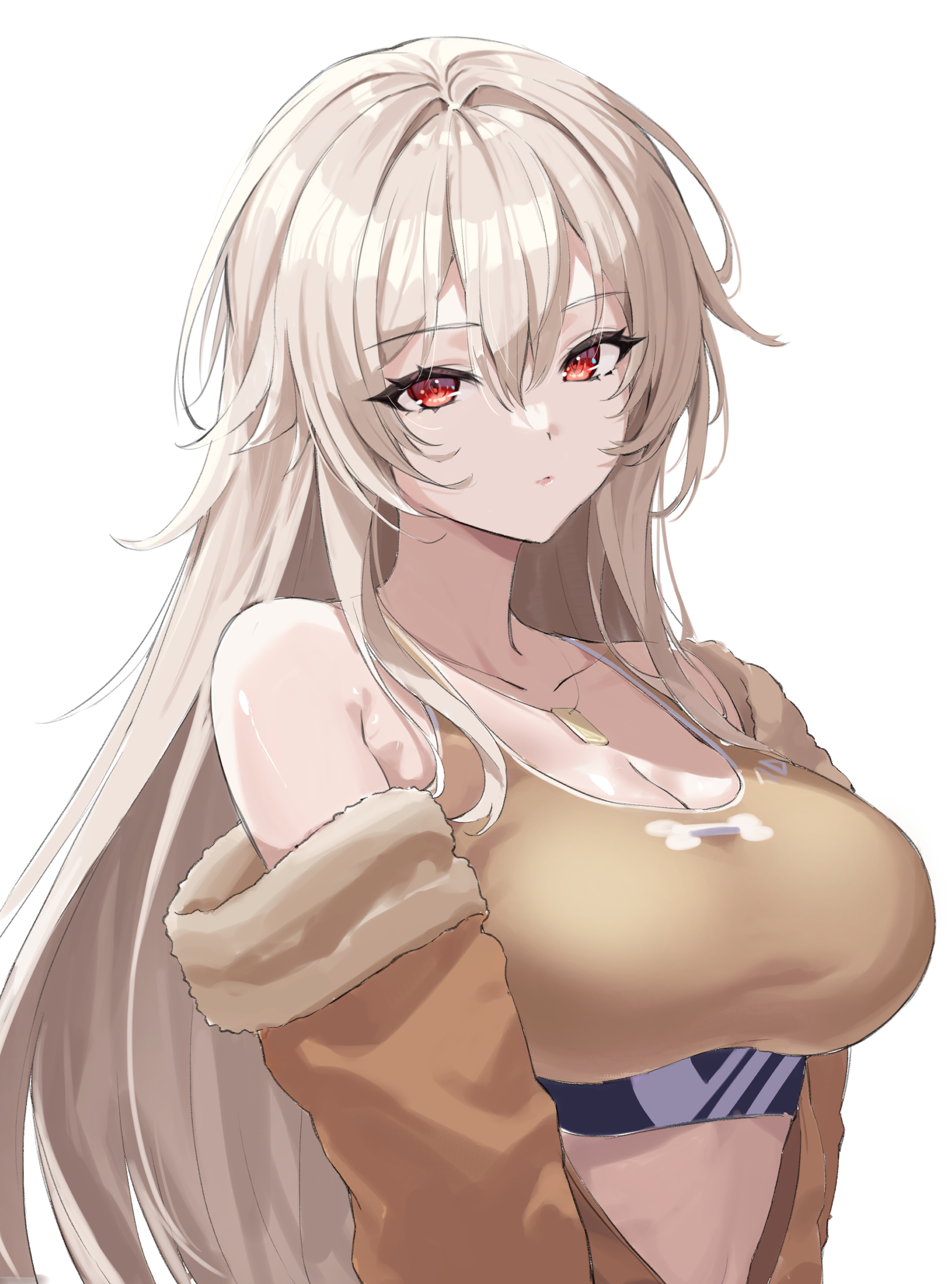 abe-chan, furen e lustario, furen e lustario (5th costume), nijisanji, absurdres, highres, 1girl, breasts, brown hair, brown sports bra, cleavage, collarbone, dog tags, jacket, large breasts, long hair, looking at viewer, off shoulder, open clothes, open jacket, red eyes, simple background, solo, sports bra, virtual youtuber, white background