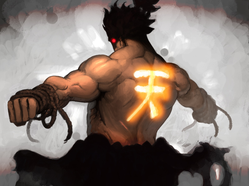 nekkeau, akuma (street fighter), capcom, street fighter, street fighter iv (series), 1boy, back, heaven (kanji), male focus, muscular, red eyes, shun goku satsu, solo, topless male